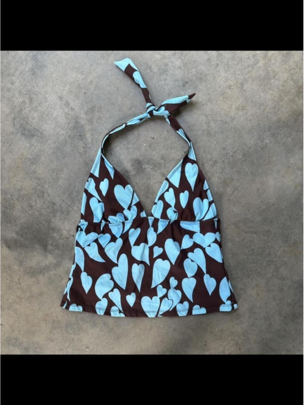 Y2K Blue Heart Print Halter Tankini Swim Top | Retro Bikini Top